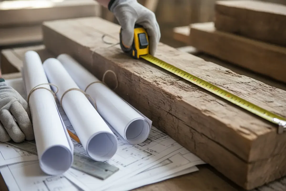 A project team member checks reclaimed beam dimensions against plans