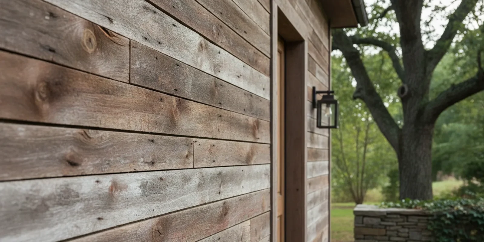 Reclaimed barn board siding on a home exterior with visible wood texture
