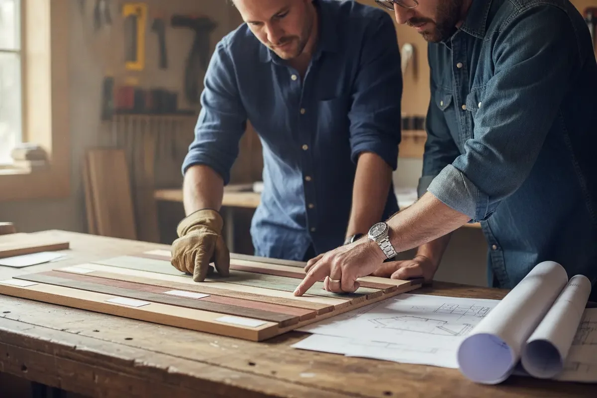 Architect and builder reviewing a labeled reclaimed wood siding sample board