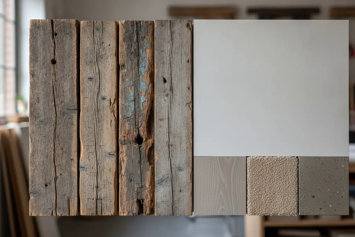 Reclaimed beam samples viewed beside neutral finish materials for a design review