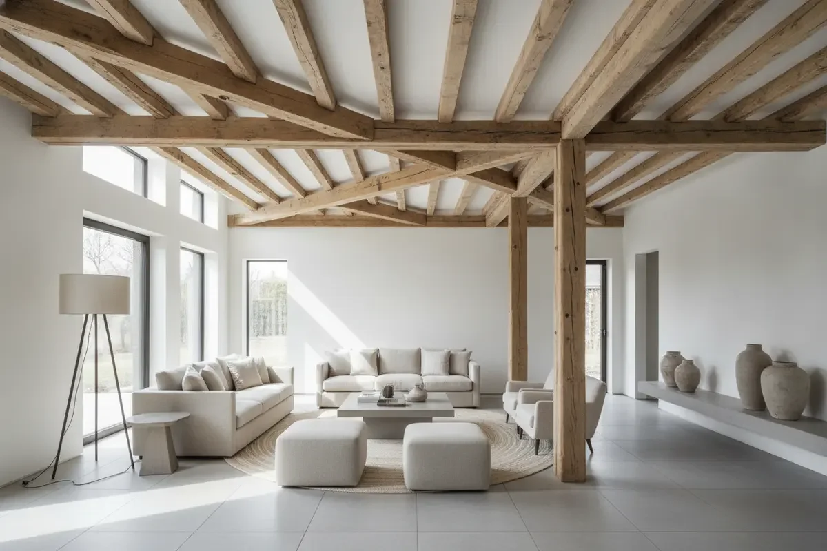 Decorative reclaimed beams arranged across a ceiling to show spacing and visual rhythm
