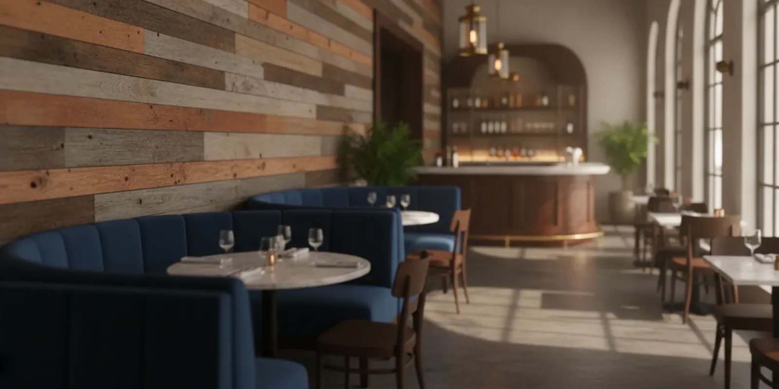 Reclaimed weathered wood siding on a commercial restaurant interior wall