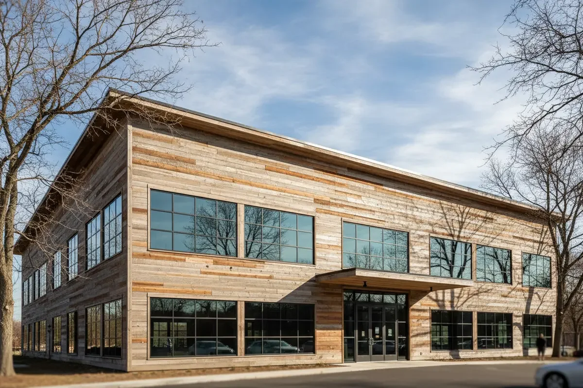Commercial exterior elevation showing reclaimed boards with natural color variation