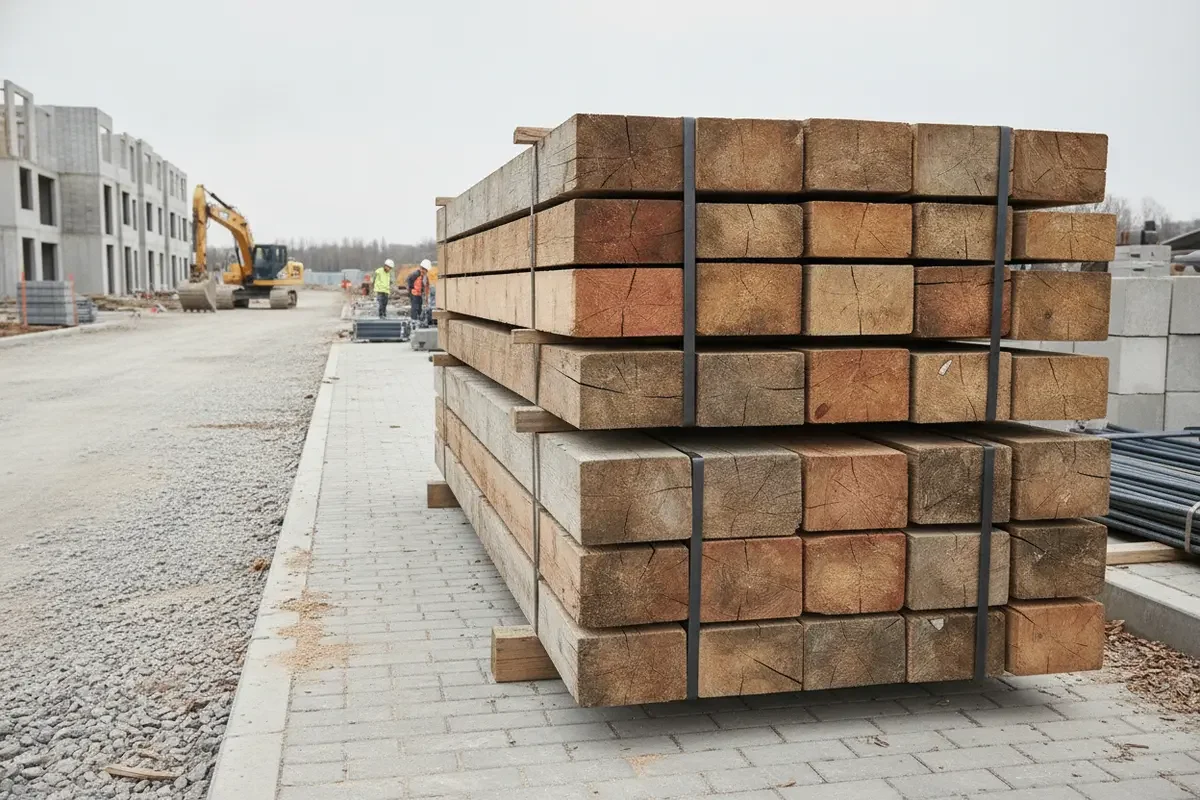Reclaimed wood beams staged near a project receiving area