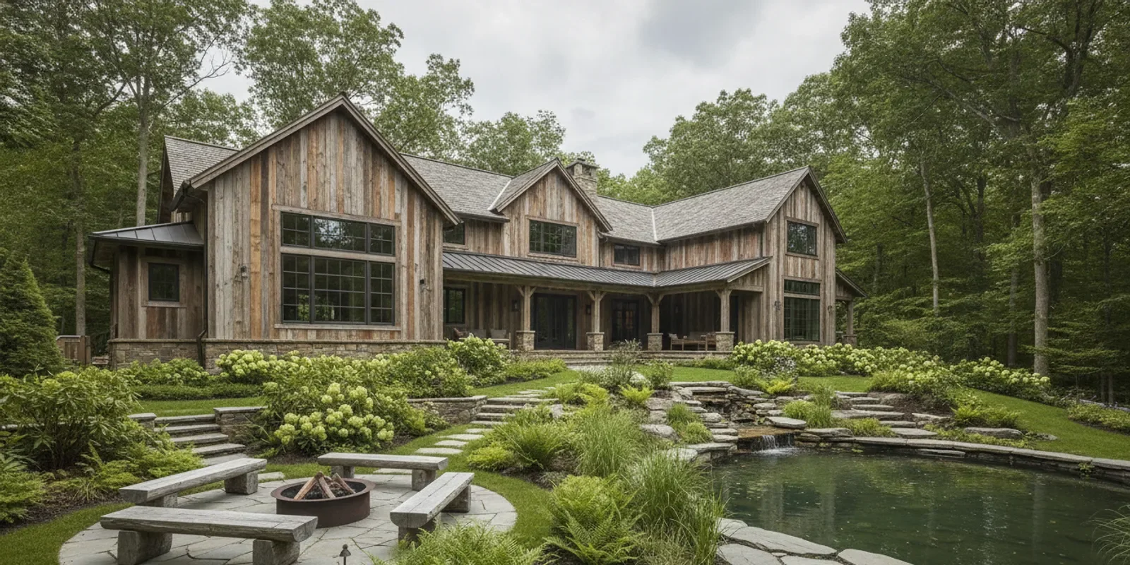 Reclaimed barn board siding on a large home exterior