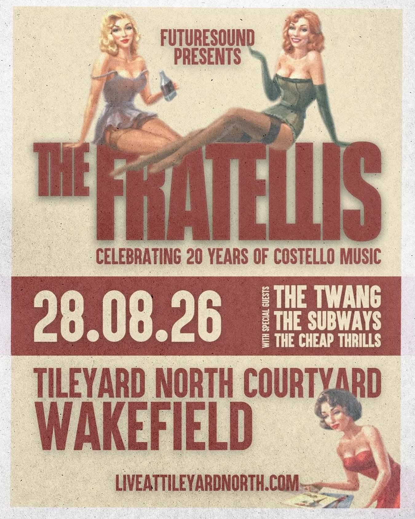 Just a couple of weeks til we're back in Wakefield at @liveattyn with @thefratellis

Looking forward to seeing brother Baz again. It's been a while.

Come and join us. Last few tickets in the bio x