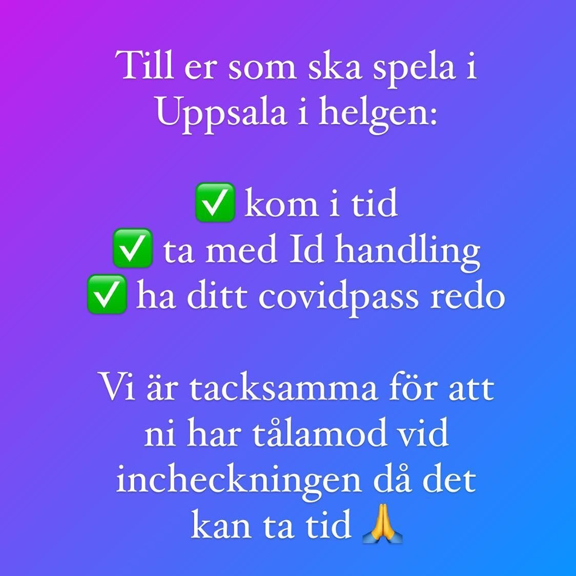 Se hit! Information om helgens turnering ☺️

✳️ kom i tid 
✳️ ta med id
✳️ ha ditt covidpass redo 

G&auml;ller &auml;ven publik! 🤩

Varmt v&auml;lkomna!