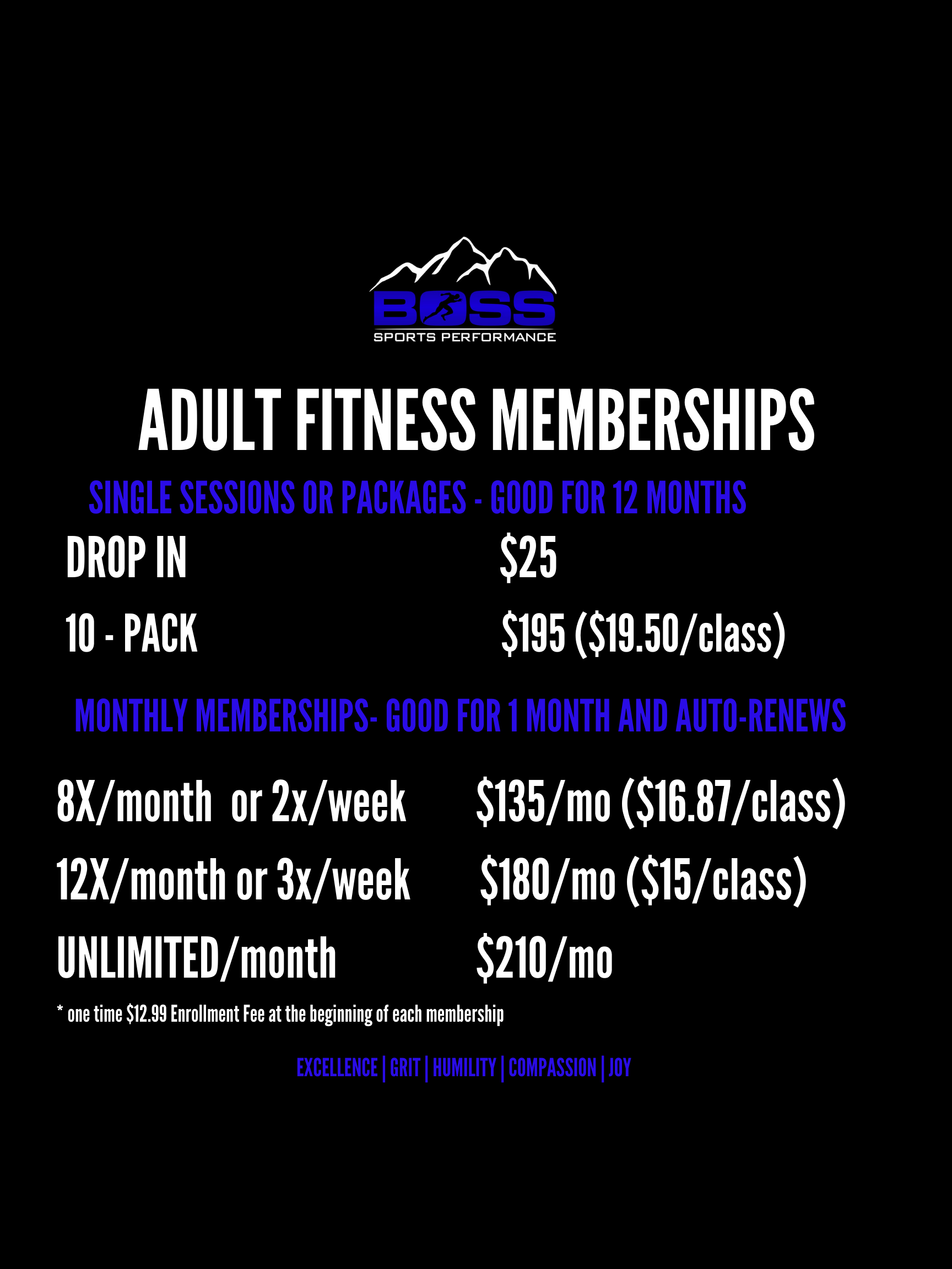 Adult fitness membership pricing