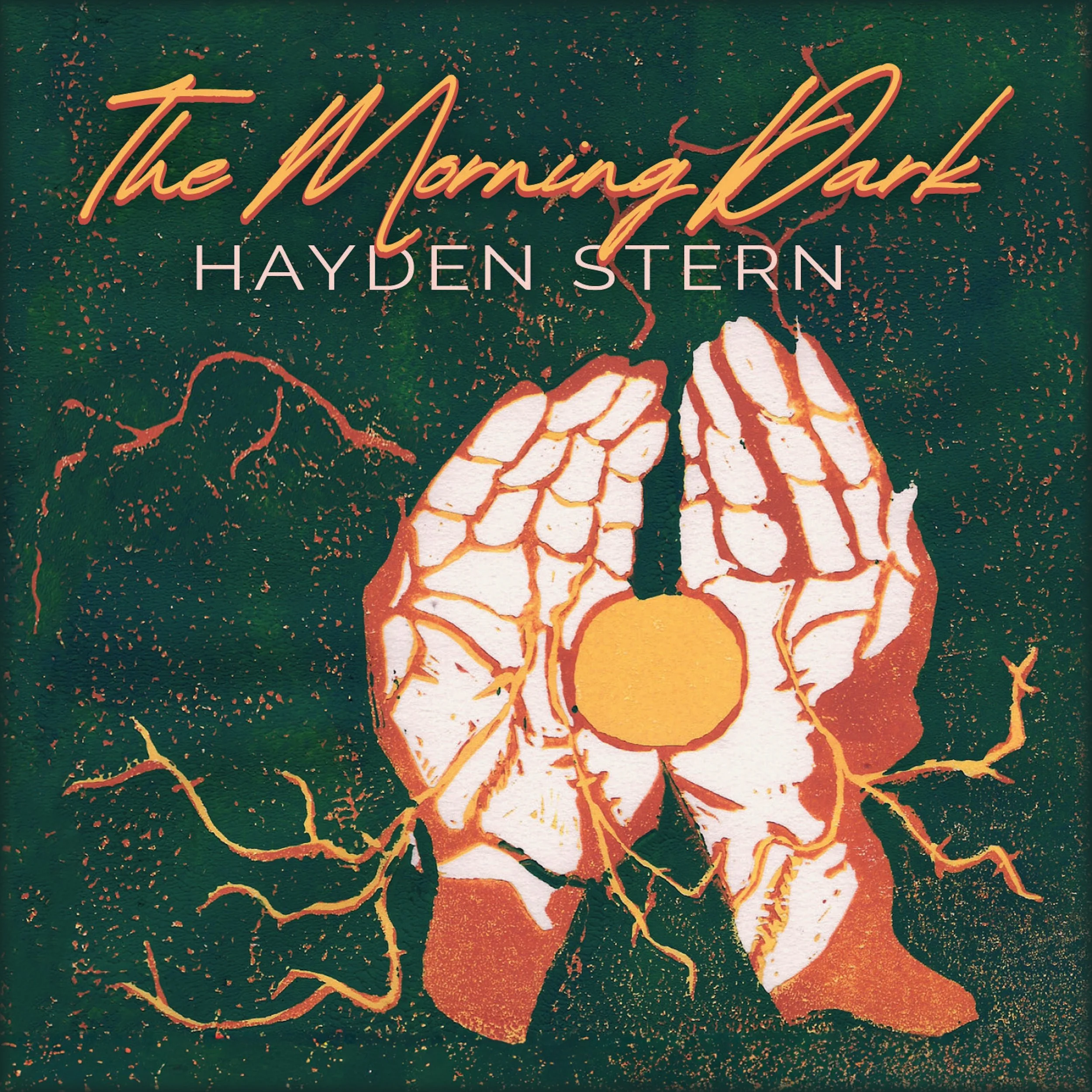 Album cover titled 'The Morning Dark' by Hayden Stern with a dark green background, orange and white illustrations of a hand, sun, and roots.