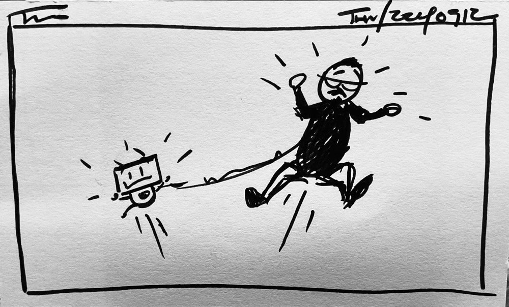 The morning's attendance card, a sketchy me and a sketchy nuHerbie leaping into the air from some unknown fright.