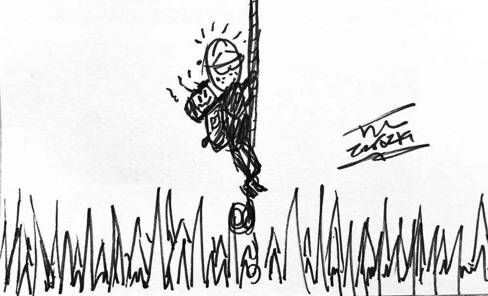 The day's Informality, a sketchy me climbing a rope above a spike pit while an annoyed sketchy NuHerbie glares up at me from the backpack he's in.