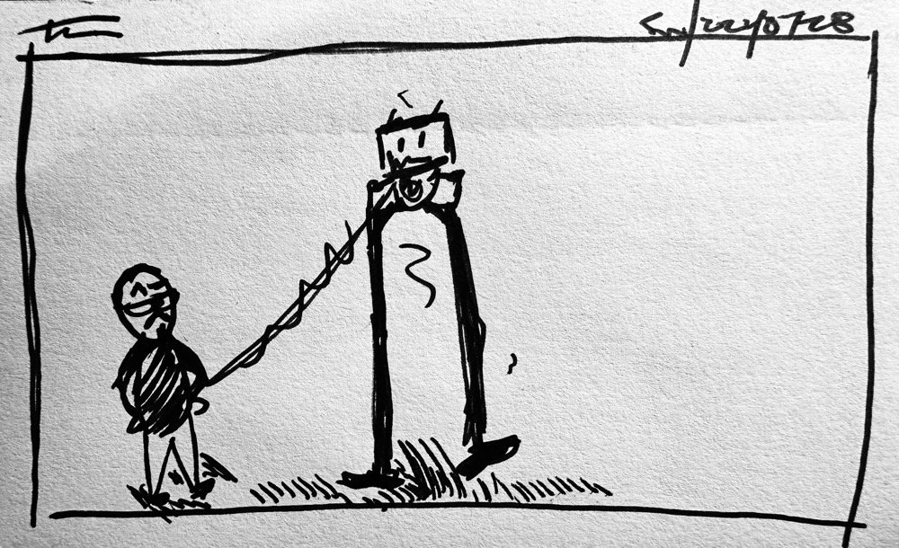 The morning's attendance card, a sketchy me unimpressed by sketchy nuHerbie's efforts with his stilts.