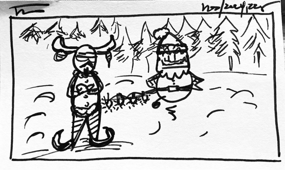 The day's Informality, a sketchy me in a hybrid reindeer/elf outfit while NuHerbie stands triumphant as Santa.
