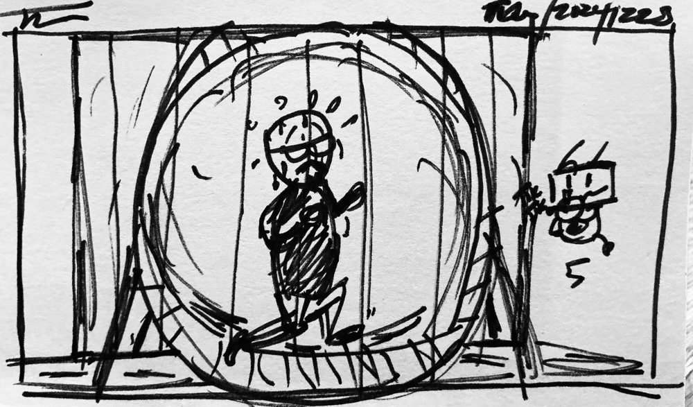 The day's Informality, a sketchy, caged me running on a hamster wheel as a sketchy NuHerbie times me.