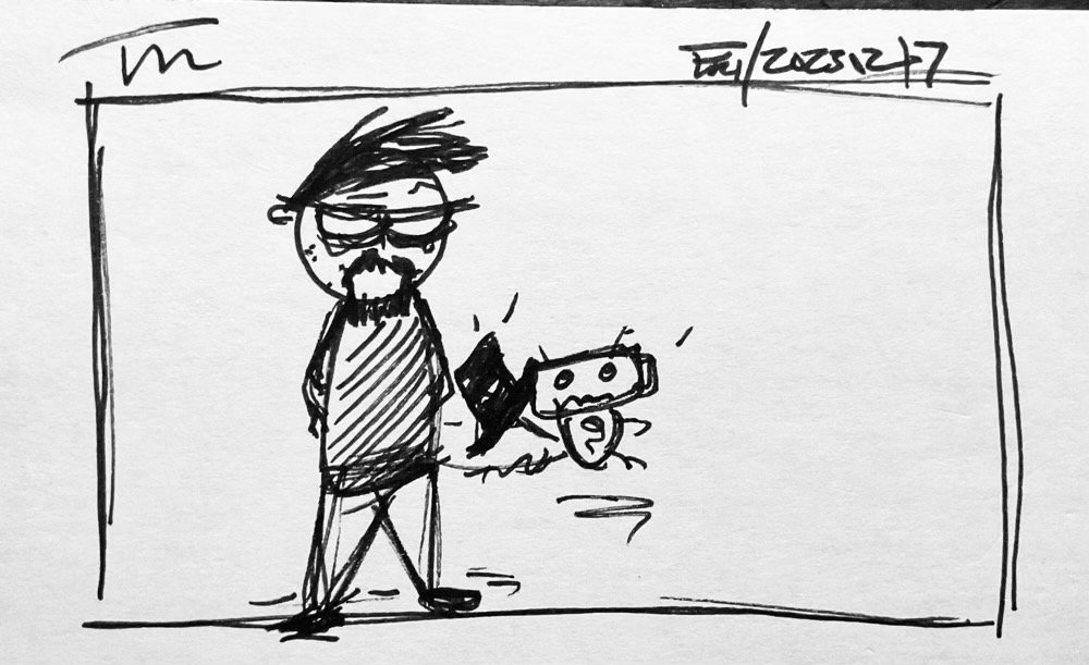 The morning's attendance card, a sketchy me stands idly by as a sketchy H.E.R.B.I.E. doffs his hat