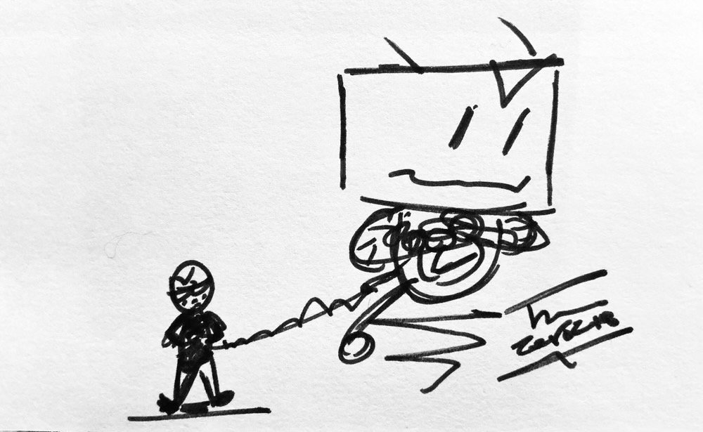 The day's Informality, a tiny sketchy me with arms crossed at odds with a gigantic NuHerbie, arms crosssed.