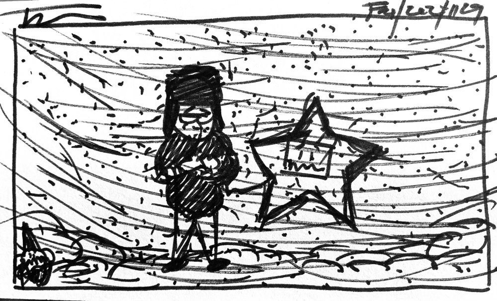 The morning's Informality, a sketchy me  and a sketchy nuHerbie in snow gear freezing in the wind and snow.