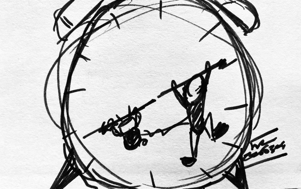 The day's Informality, a sketchy me  and a ske5chy NuHerbie hanging from clock hands.