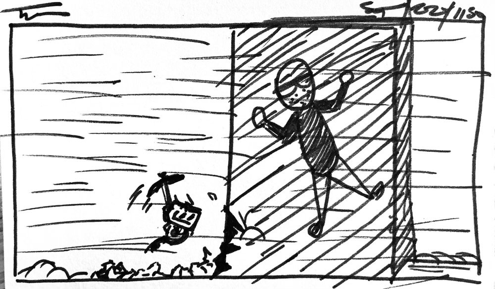 The day's Informality, a sketchy NuHerbie chipping away at a block of ice containing a sketchy me.
