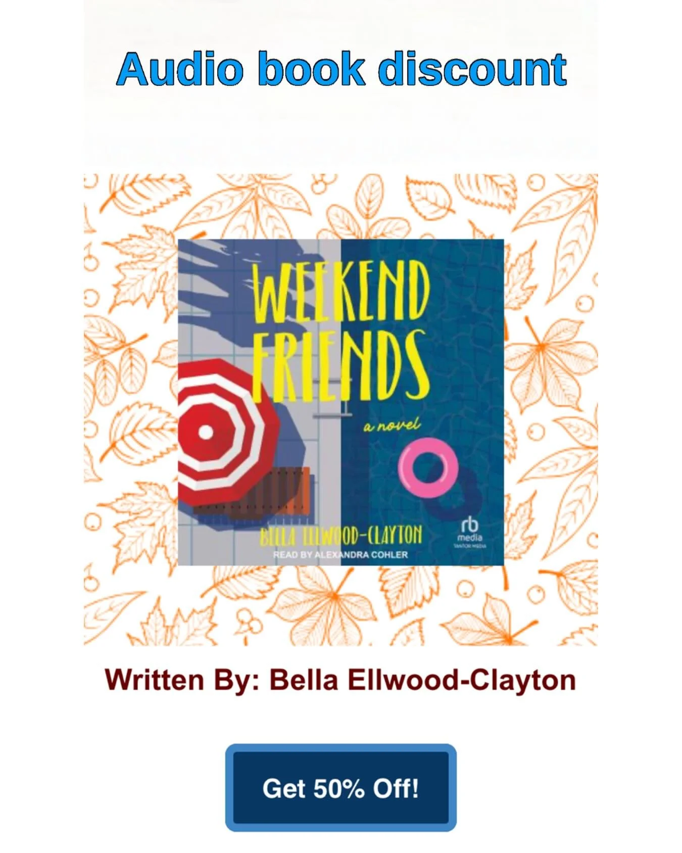 Good news! Weekend Friends audio book 🎧📚 is 50% off for the rest of November. Click the link to order⬇️
https://www.audiobooks.com/promotions/promotedBook/710772/weekend-friends-a-novel?refId=224787
#BellaEllwoodClayton
#WeekendFriends 
#PostHillPr