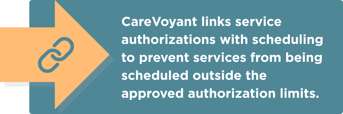 CareVoyant links service authorizations with scheduling to prevent services from being scheduled outside the approved authorization limits.