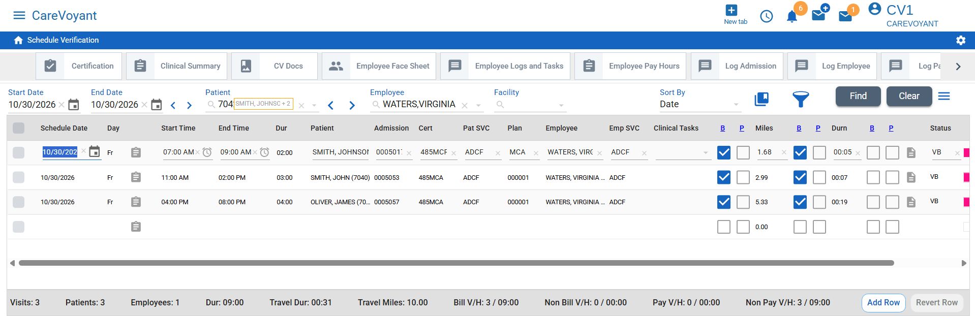 CareVoyant Schedule Verification showing travel miles and travel duration calculated for each home care visit, with daily totals.