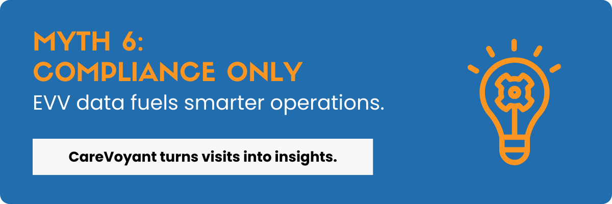 CareVoyant transforms EVV into a strategic asset through reports, dashboards, and operational analytics. Agencies can track caregiver performance, reduce no-shows, optimize scheduling, and strengthen decision-making.