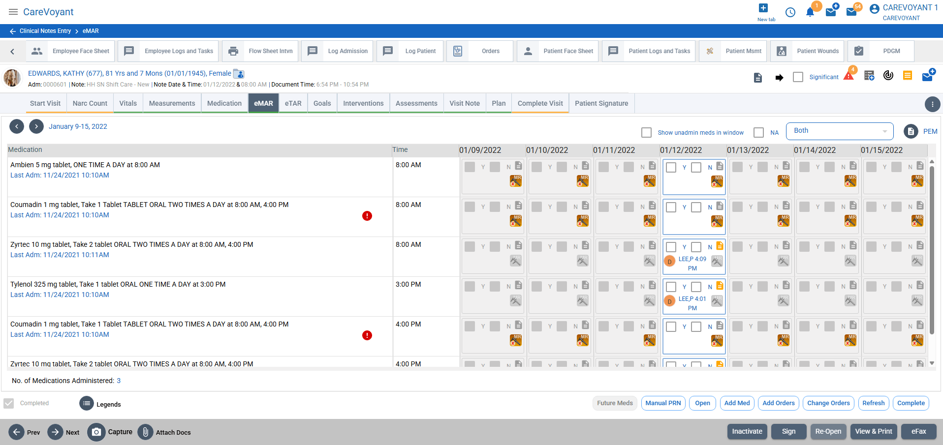 CareVoyant eMAR screen listing scheduled, PRN, and overdue medications in due-time order with an allergy flag on one medication entry