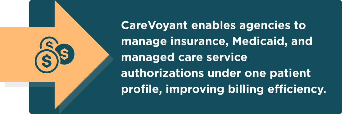 CareVoyant enables agencies to manage insurance, Medicaid, and managed care service authorizations under one patient profile, improving billing efficiency.