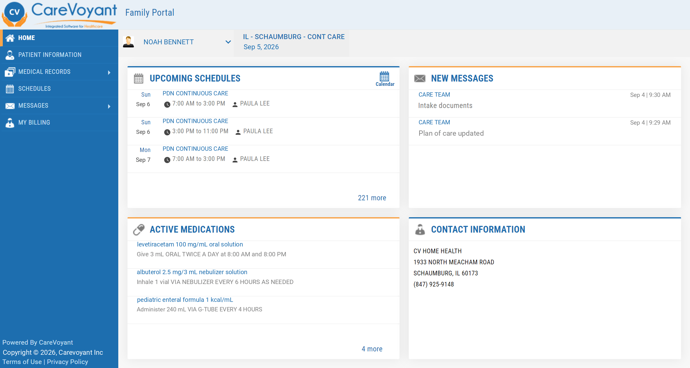 CareVoyant Family Portal home screen showing upcoming PDN shifts, messages from the care team, active pediatric medications, and agency contact details in one view