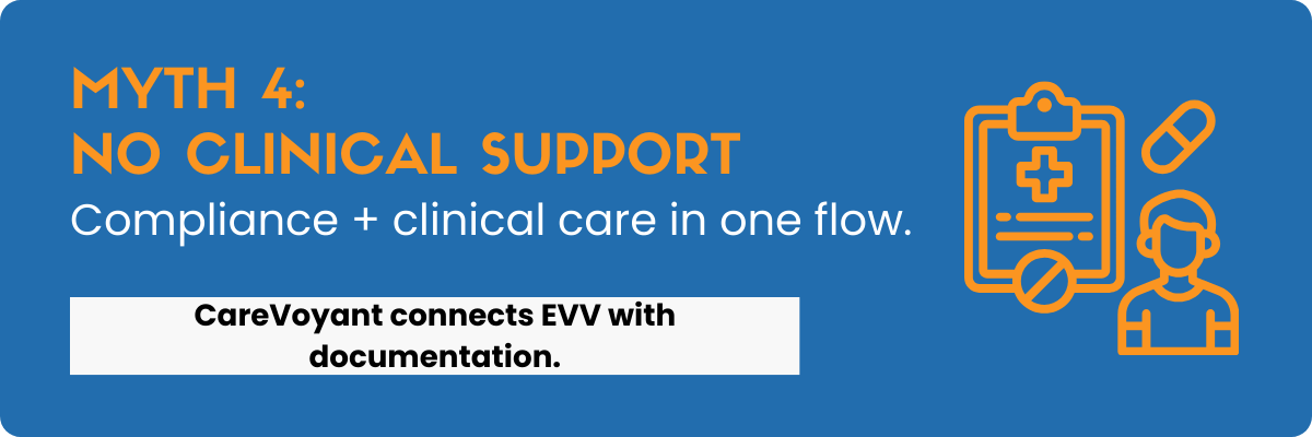 CareVoyant integrates clinical point-of-care documentation, eMAR/eTAR, care coordination, and communication tools into the EVV workflow.