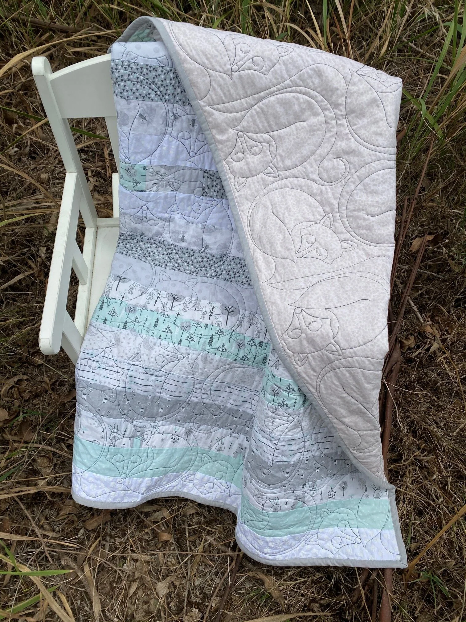 Aqua + Grey Baby Fox Quilt