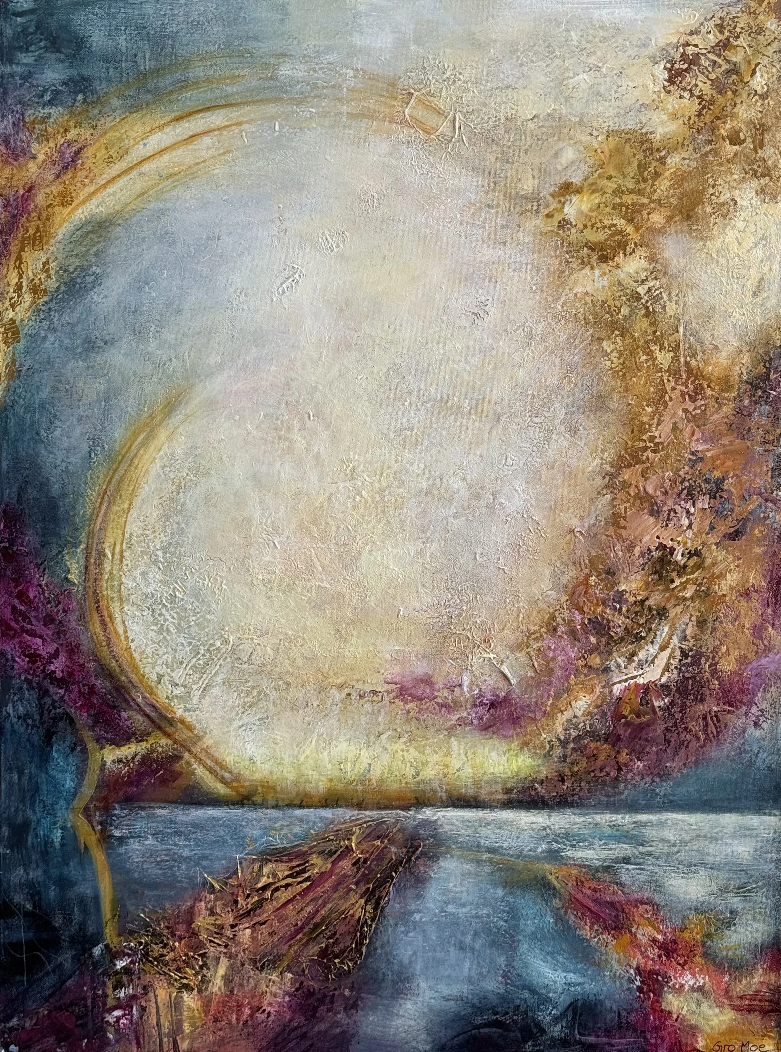 Tittel: "Don`t give up" Malt av Gro Moe. Abstrakt maleri på 60 x 80 cm. Fargene er i lilla og gult med et sterkt lys i midten. Her er det også nyanser av blått og innslag av gull.