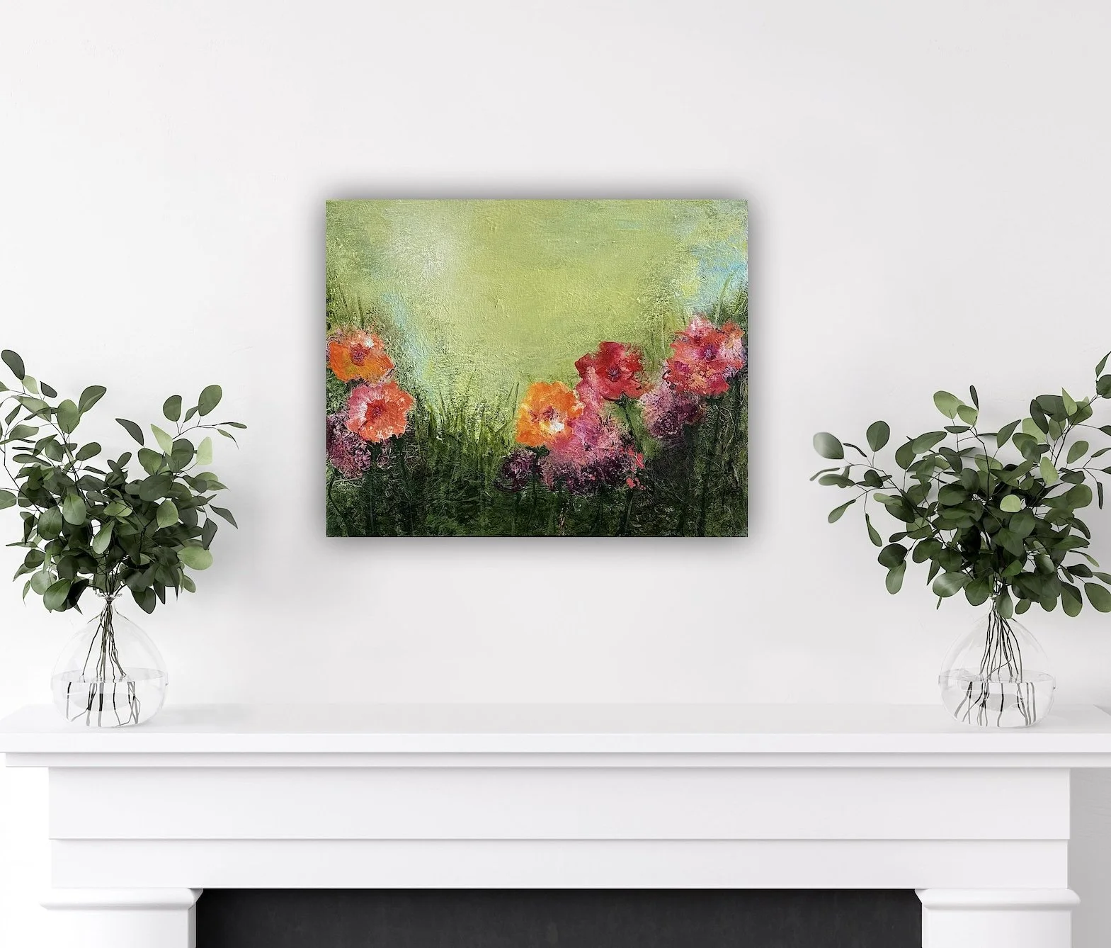 Lite sommerlig bilde på 40 x 50 cm. Abstrakte blomster i oransje, lilla og rødt på grønn bakgrunn. Lyset kommer frem og blomstene strekker seg mot lyset. Et bilde å bli glad av.