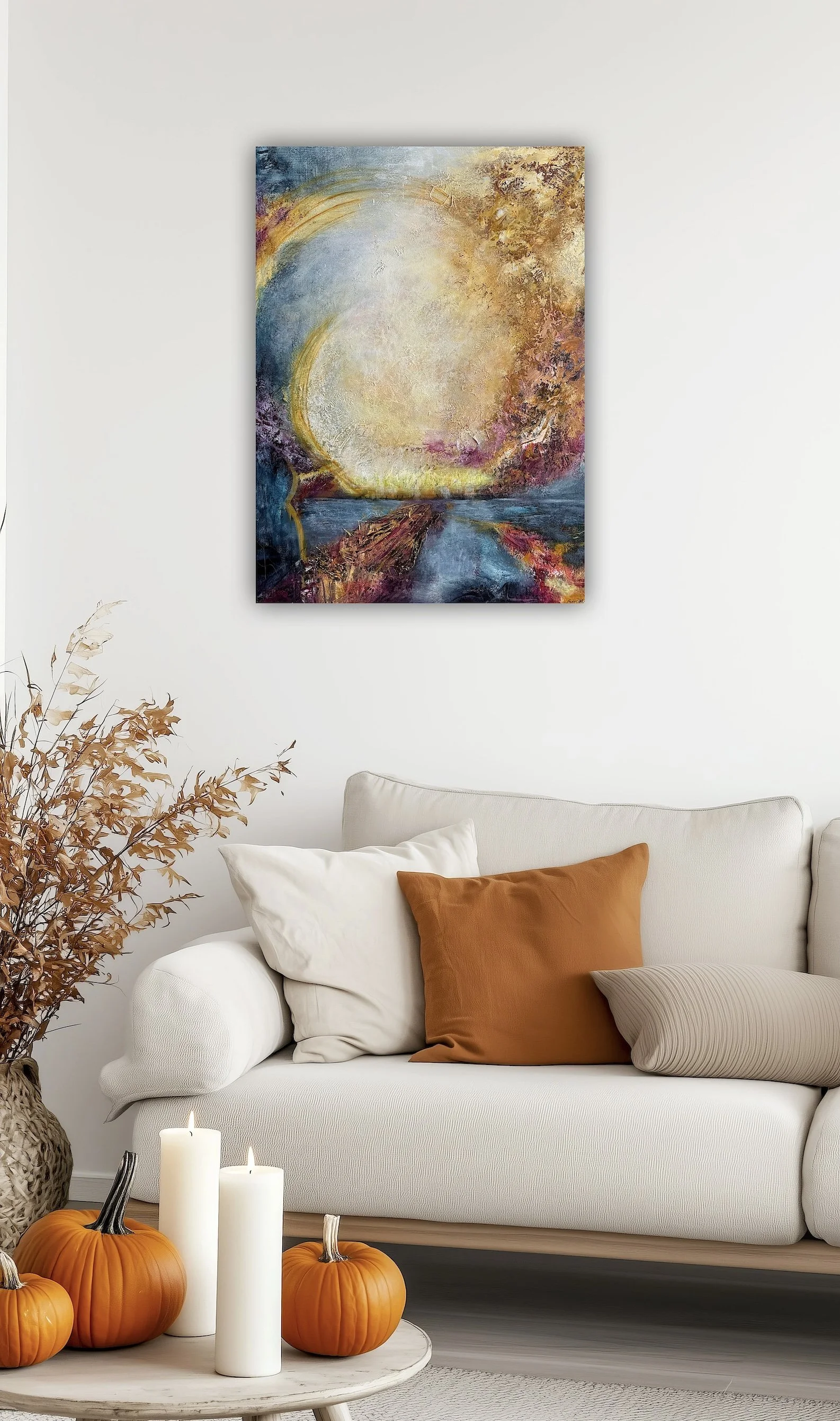 Abstrakt kunst i gult, lilla og blått med litt innslag av gult. Lys og mye håp. Blir dratt inn i lyset.