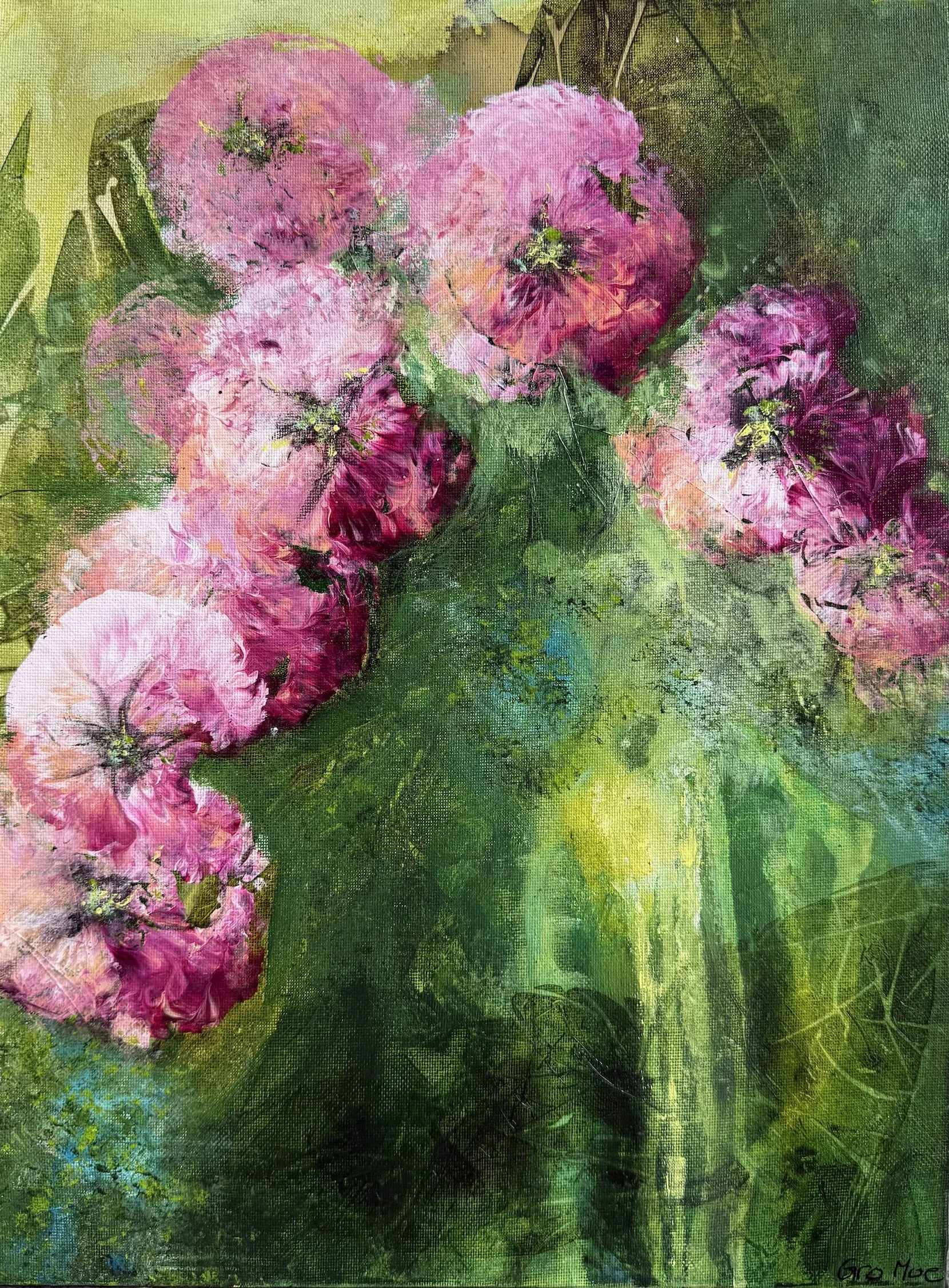 Lite fargesterkt sommerlig abstrakt kunstverk. Fargene er grønne og rosa, lilla og aprikos. Mål 30 x 40 cm.