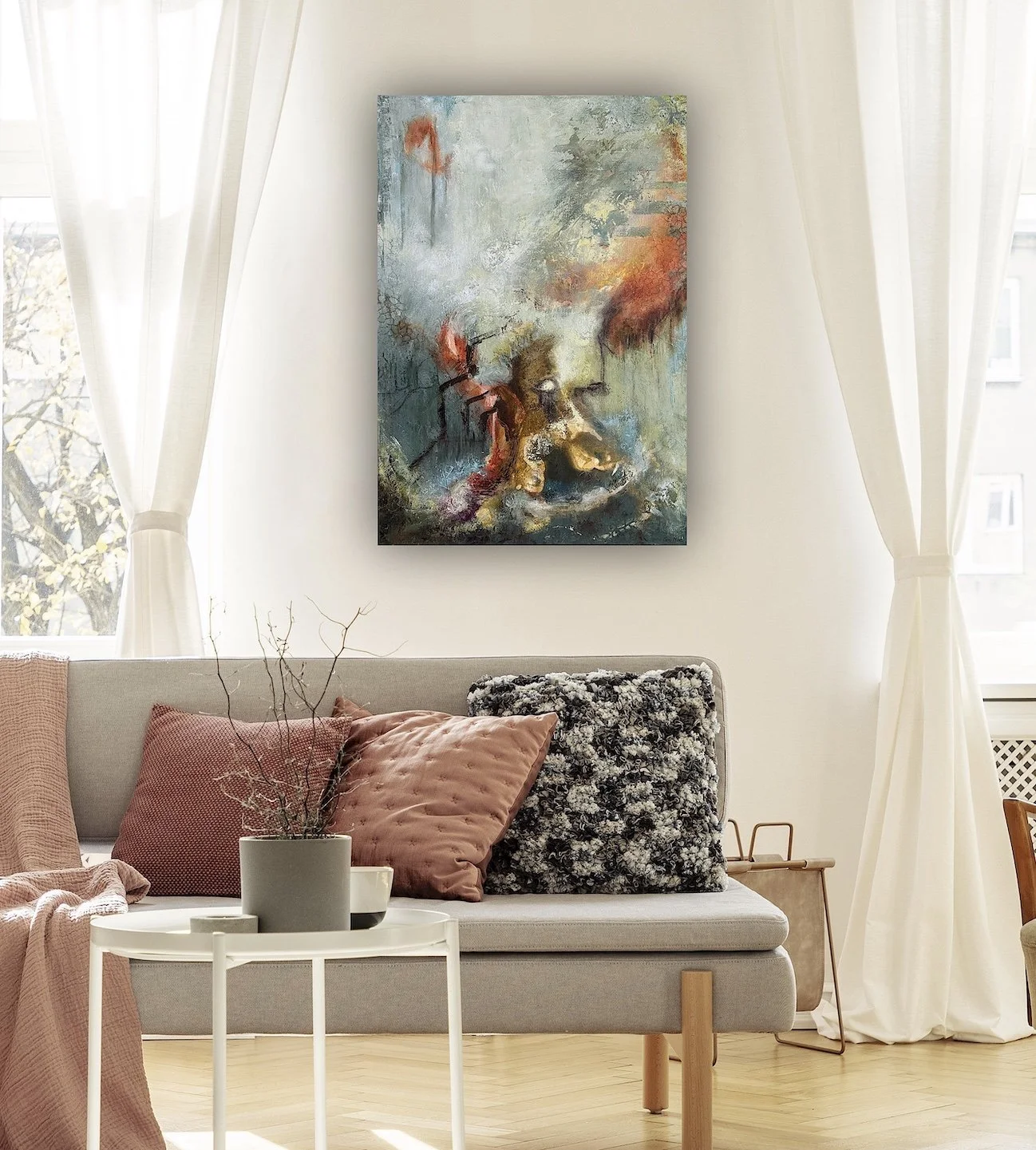 Grønn abstrakt kunst med oransje.