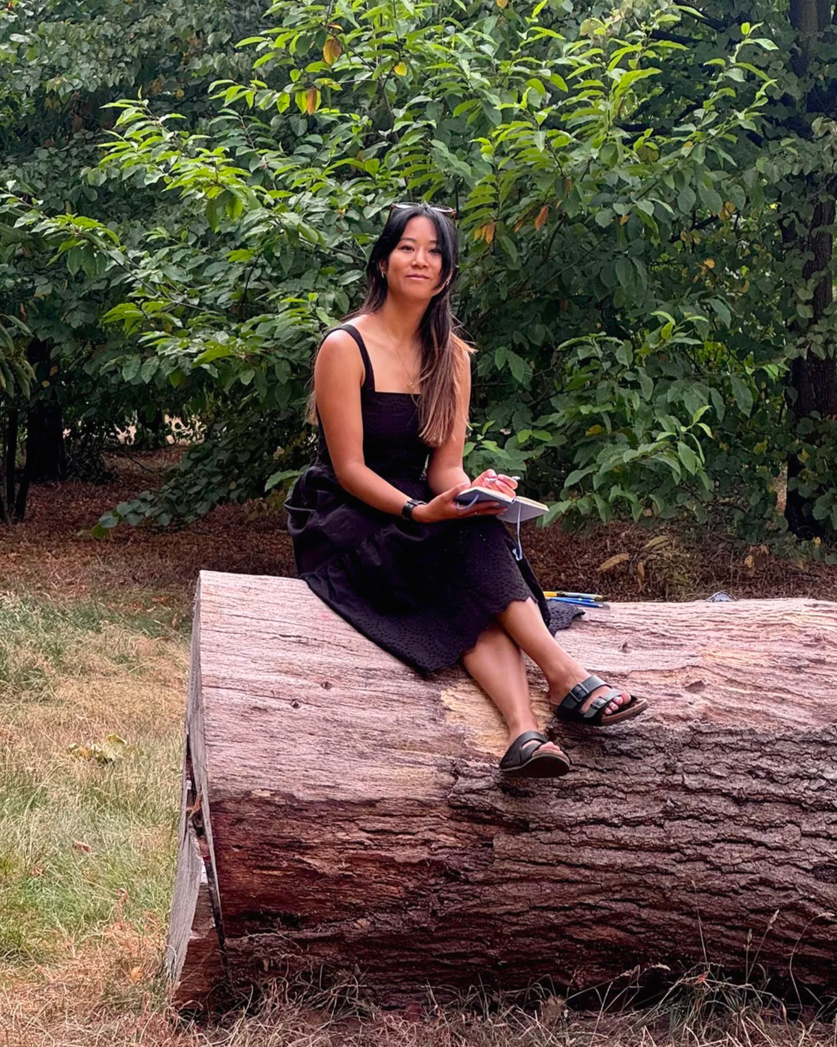 Hayley Chan Hue Tone Illustrator Profile Picture Hayley is sitting on a tree trunk in the park sketching