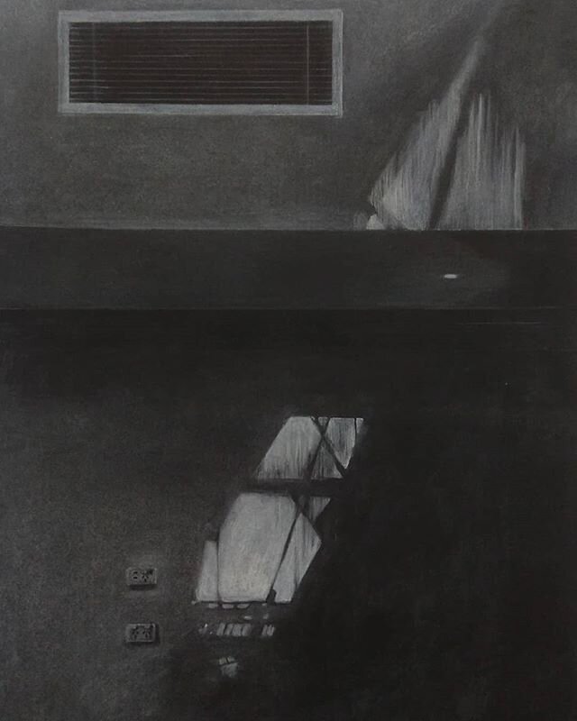 From the atrium of building 202 this time, and the last of three drawings done for my Visual Research unit. Pastels and tinted charcoal on paper. Using white and grey pastels on black paper was a fun experiment, but I can safely say that monotypes ar