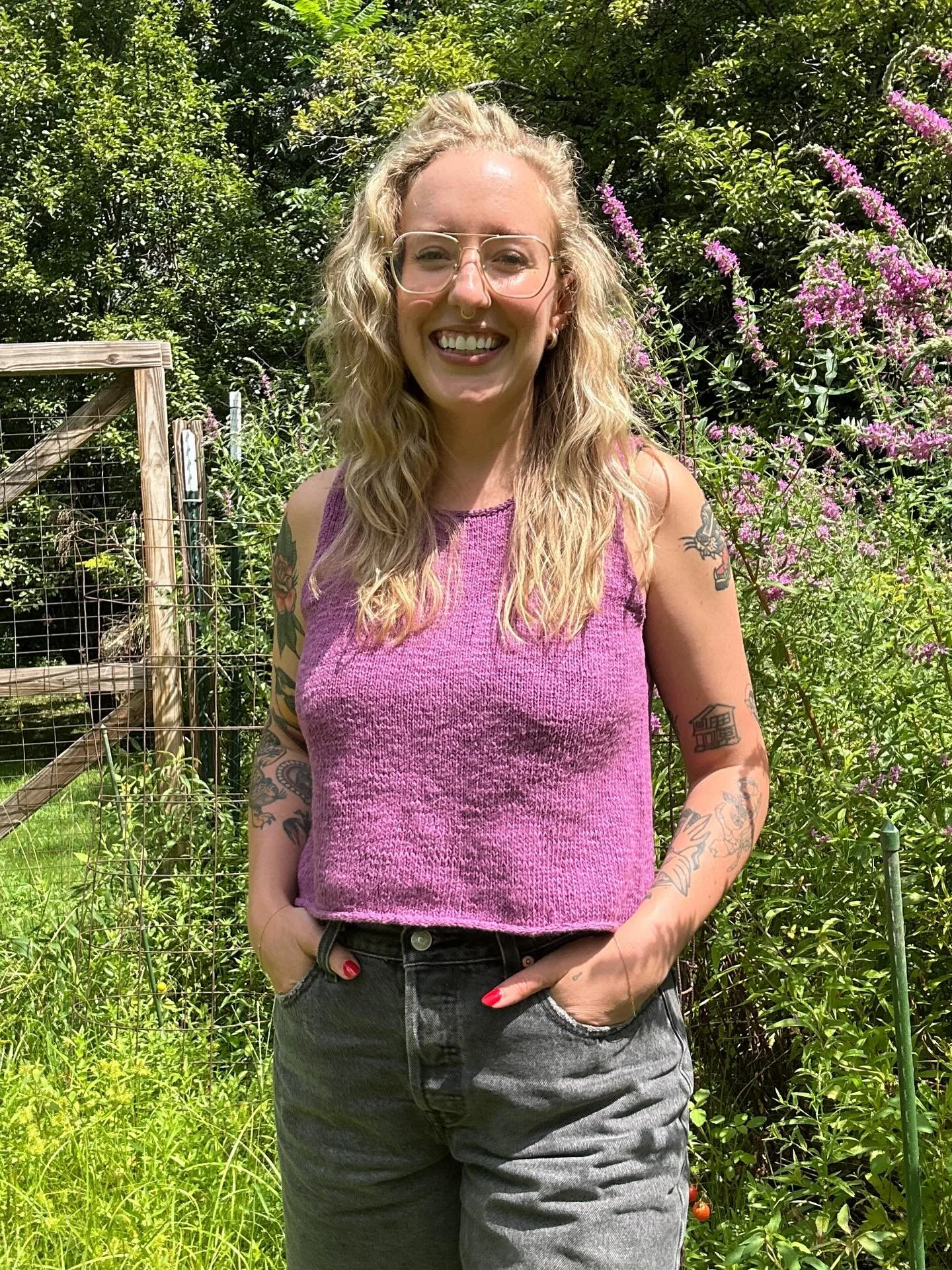 it&rsquo;s finished stuff friday! my first time wearing my first test knit, The Annie Vest by @the_knit_purl_girl 💜💜 i used about 2.5 skeins of @junipermoonfarm zooey yarn in grape and am obsessed with the texture and color. it matches perfectly wi