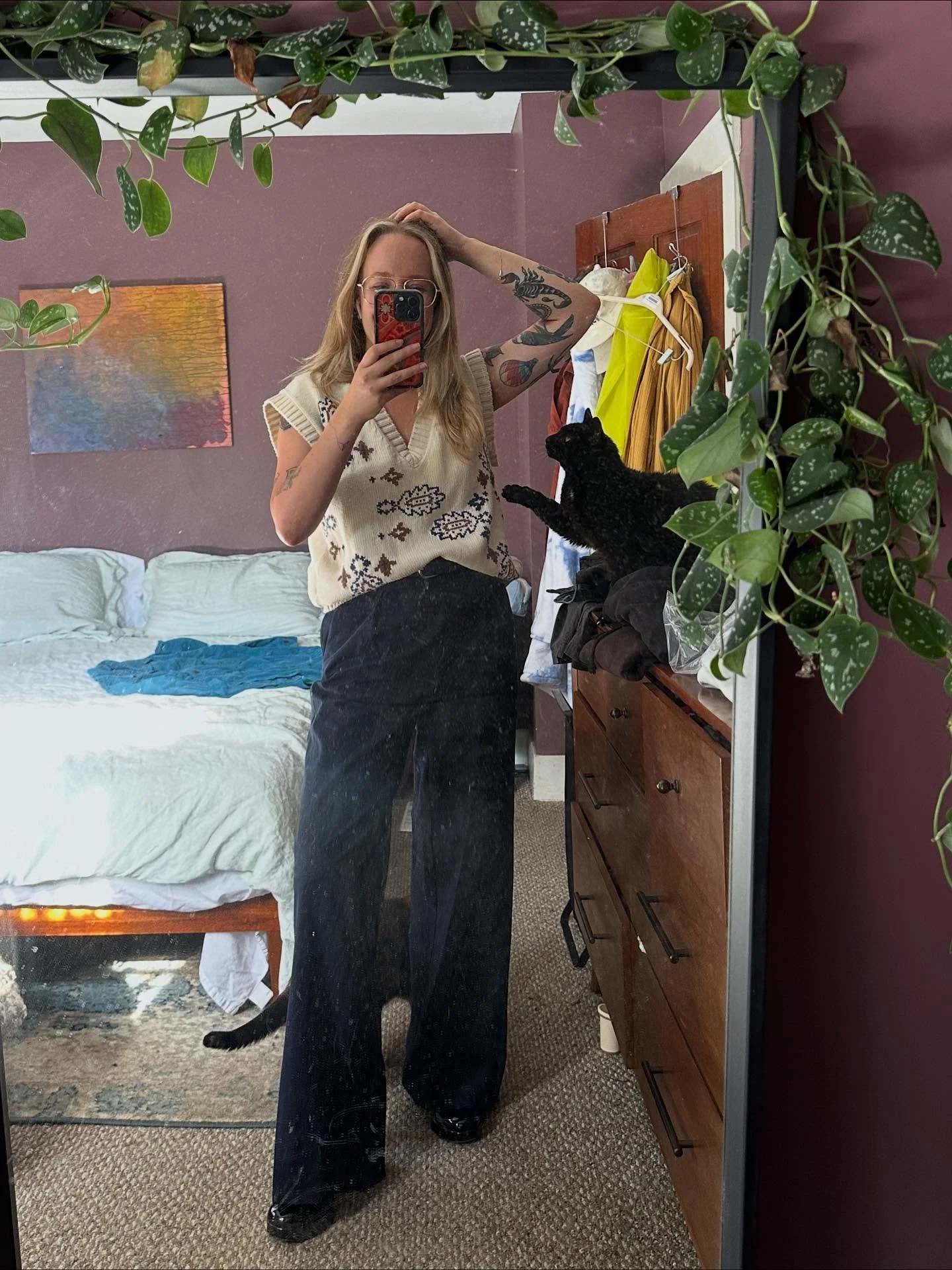 outfit (picked by cats, modeled in a dirty mirror), makeup, food, dessert from this weekend&rsquo;s @elmcitysupperclub ✨✨