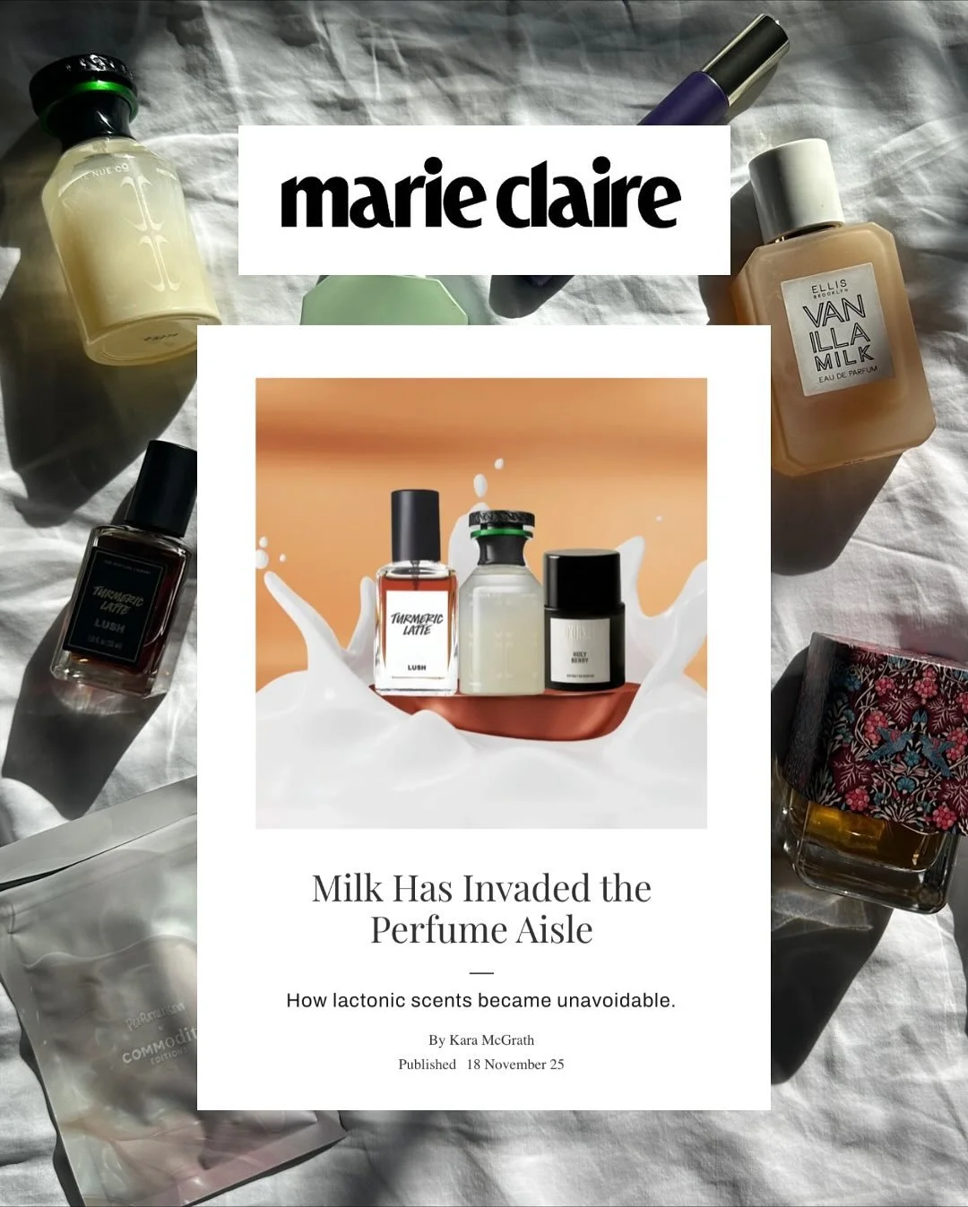 my first story for @marieclairemag is live! thank you @hannahbaxward for letting me nerd out about lactonic scents (a category i am a shockingly big fan of despite being repulsed by real milk) and thank you @perfumerism @tanguyguesnet.parfumeur @cari