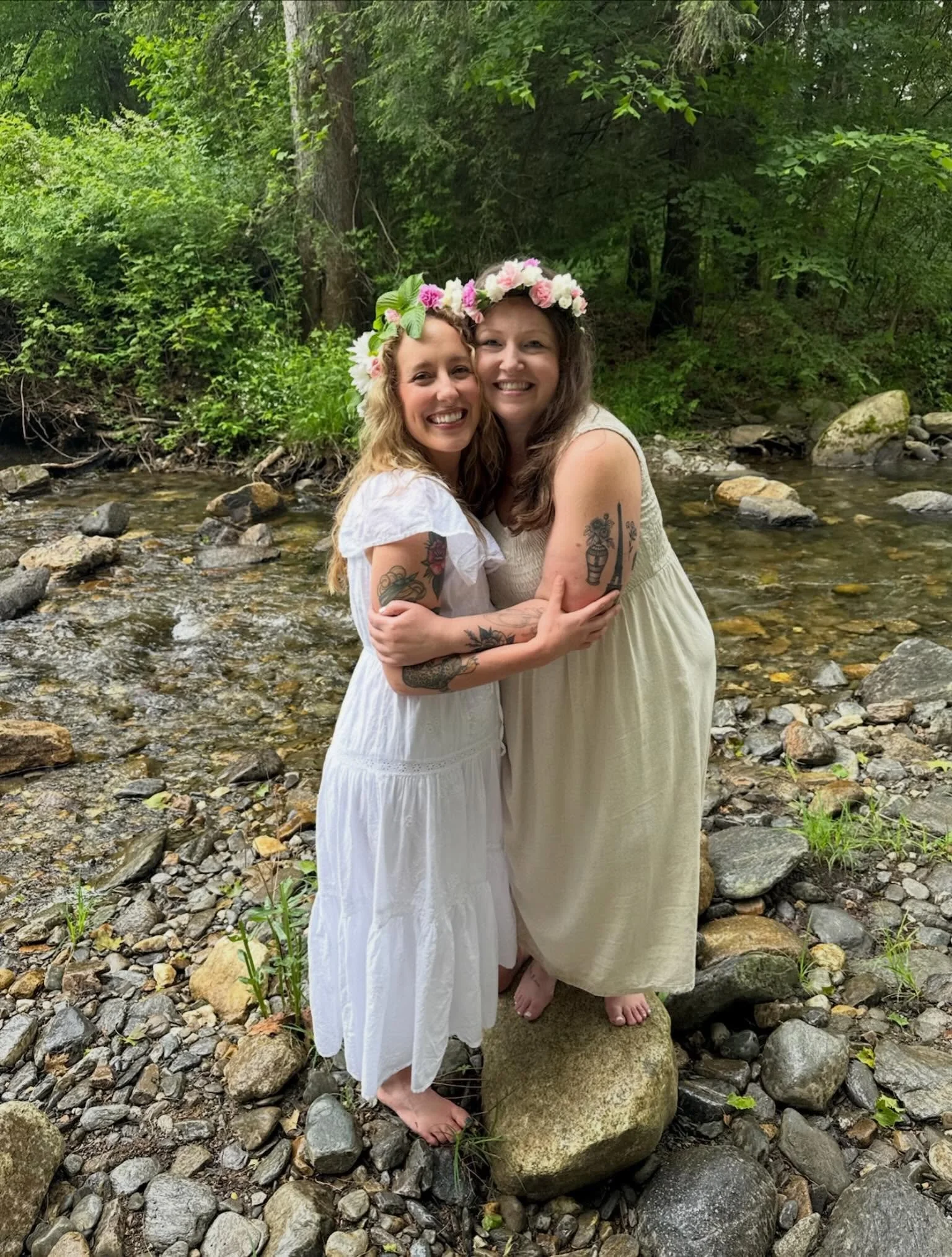 had the pleasure of celebrating my bestie @yagurlrae&rsquo;s birthday this weekend by putting on white dresses, making flower crowns, and frolicking in a (fairly cold) stream for a photo shoot that makes us all look married, committed to a cult, and 