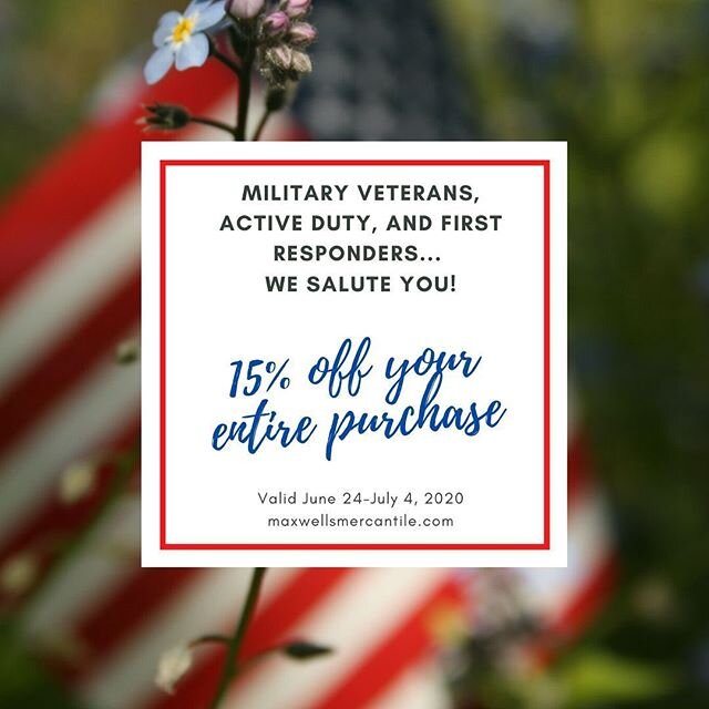 Thank you to those who serve and protect our beautiful country! 
Tag your friends who will love this discount! 15% off all purchases for military veterans, active duty, and first responders, from today through July 4, 2020 with valid ID. 
#Baking #Co