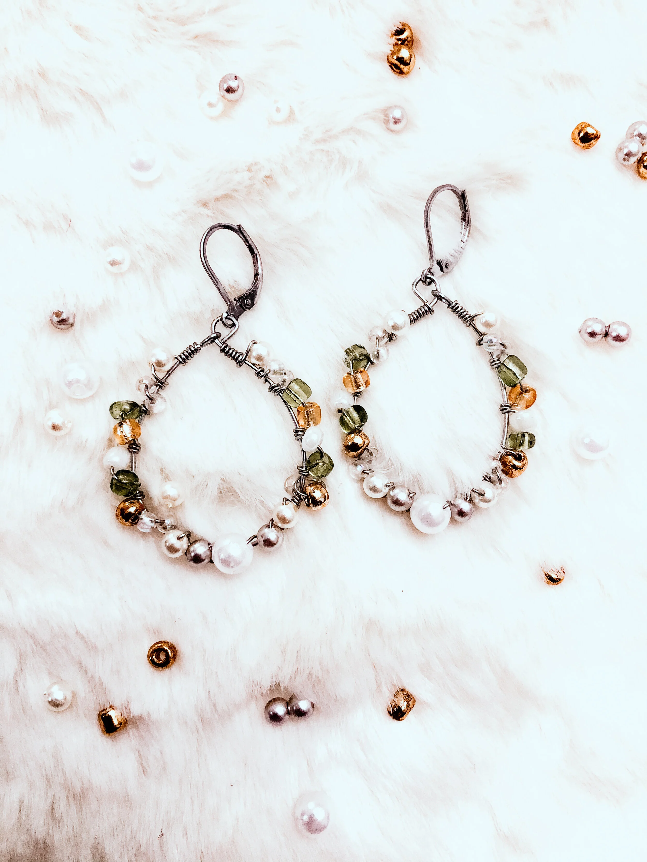 Heather - Green + Pearl Beaded Hoops