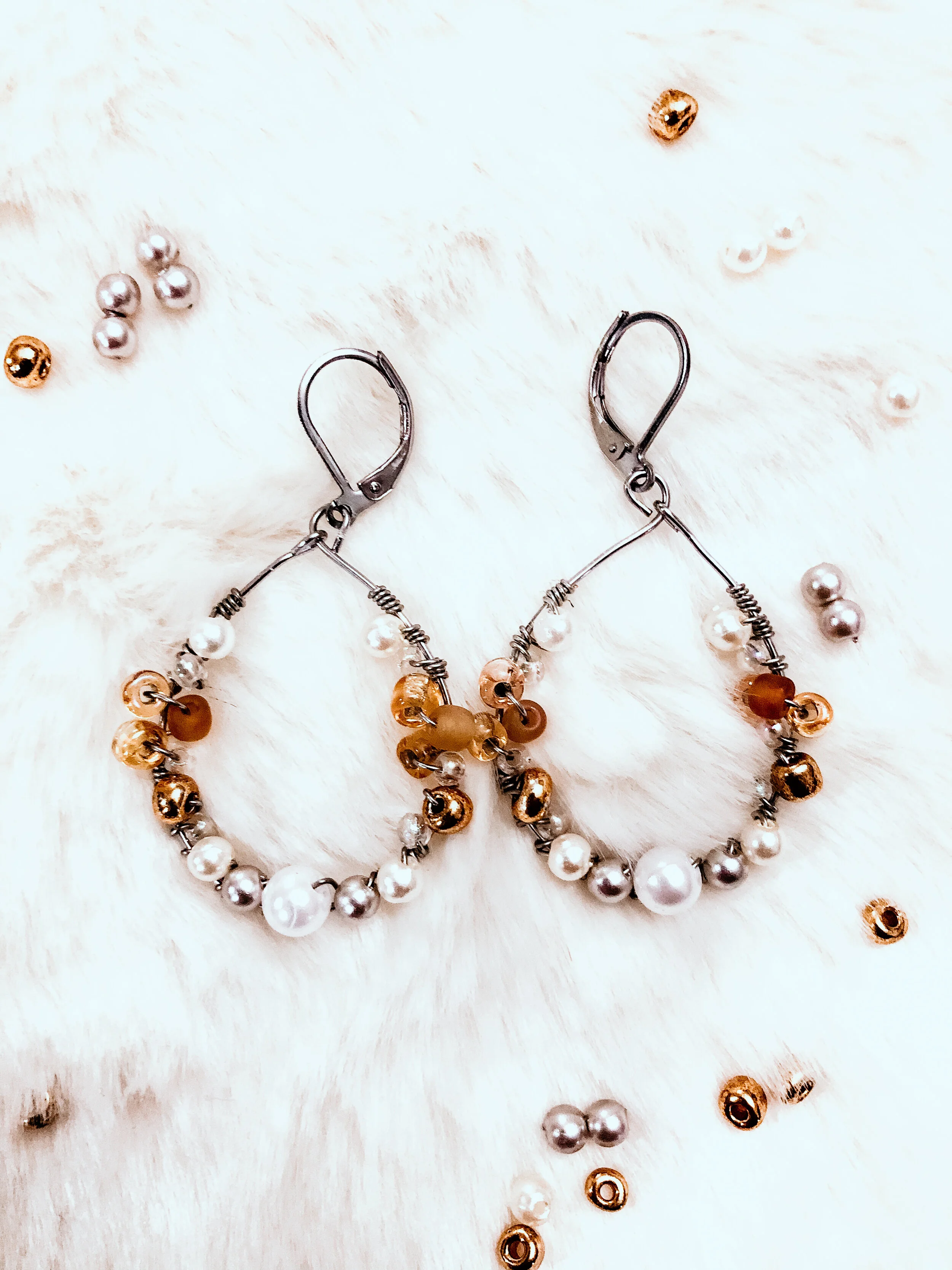 Amber - Neutral + Pearl Beaded Hoops
