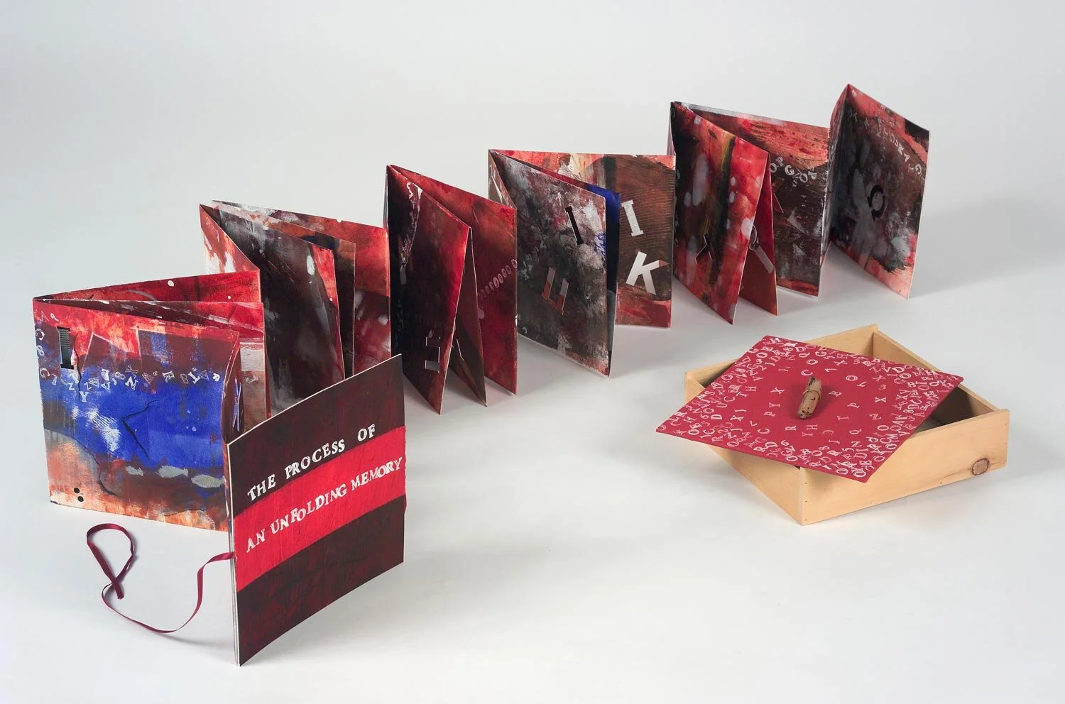 The Process Of An Unfolding MemoryThe memory unfolds like the pages of the this book. Accordion book of a folded 120x80 cm paper, contained in a box with wooden handle. Box size: 22x22x6 cm, book size: 20x20x4 cm - Unique. For more images click here.