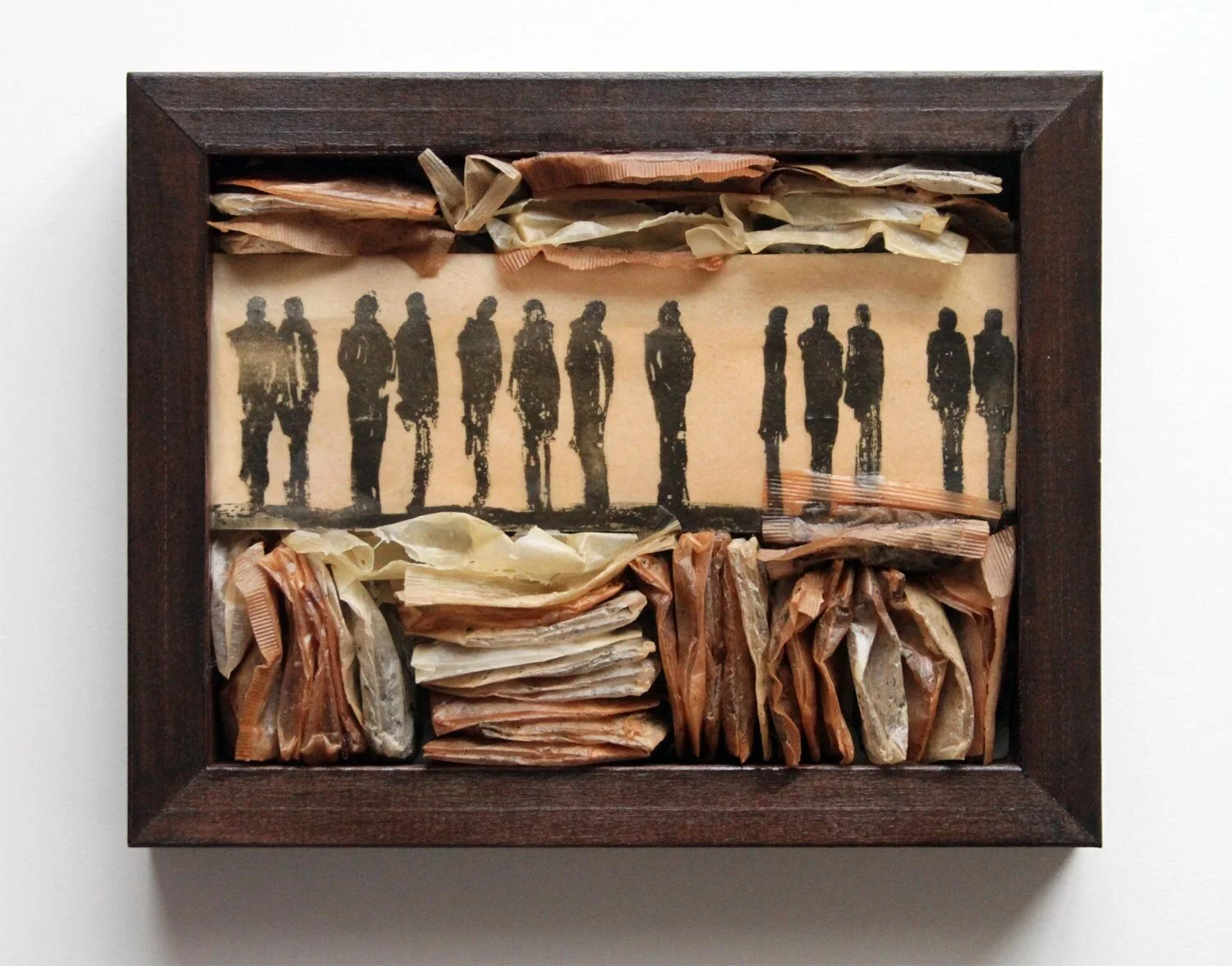 Archived Memory #02 8”x10”x2” - 20.3x25.4x5 cm, tea-bags, etching print and beeswax medium in wooden frame.