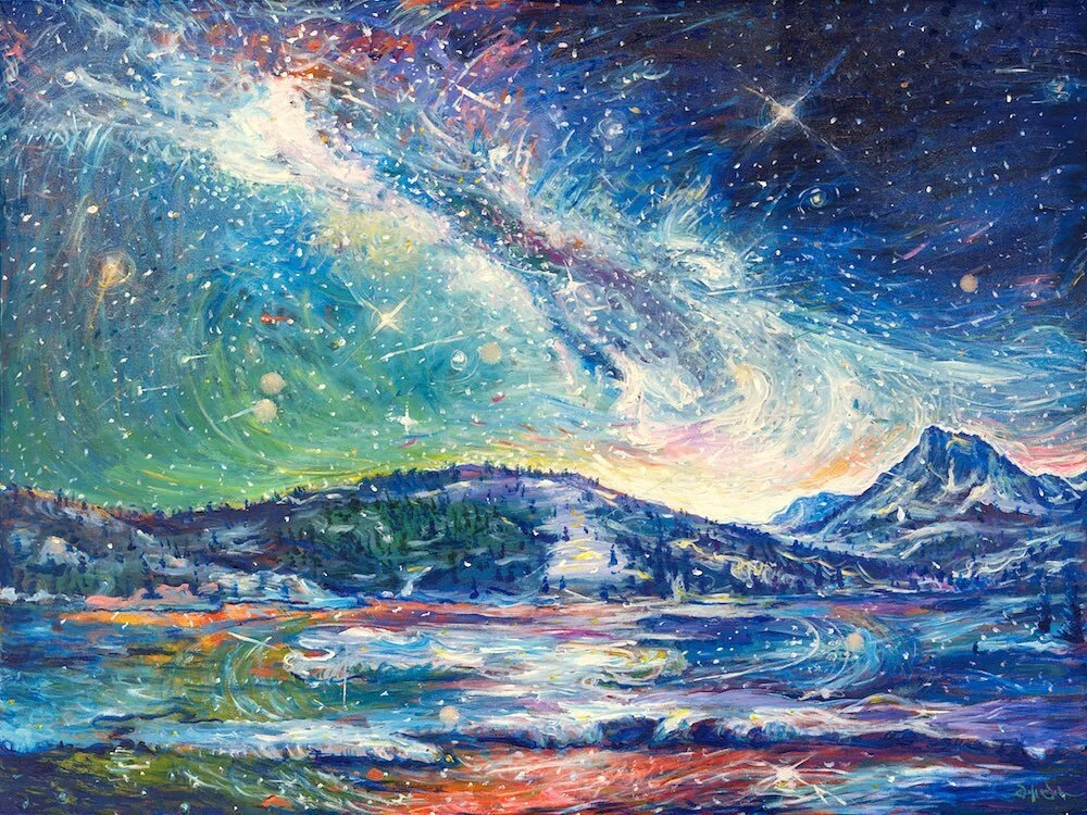 I crane my head to gaze upon the black ocean that wheels overhead - its deep waters carry dazzling diamonds of light that shine through the currents of space and time. It takes little effort to be enraptured by this mega display of celestial power - 