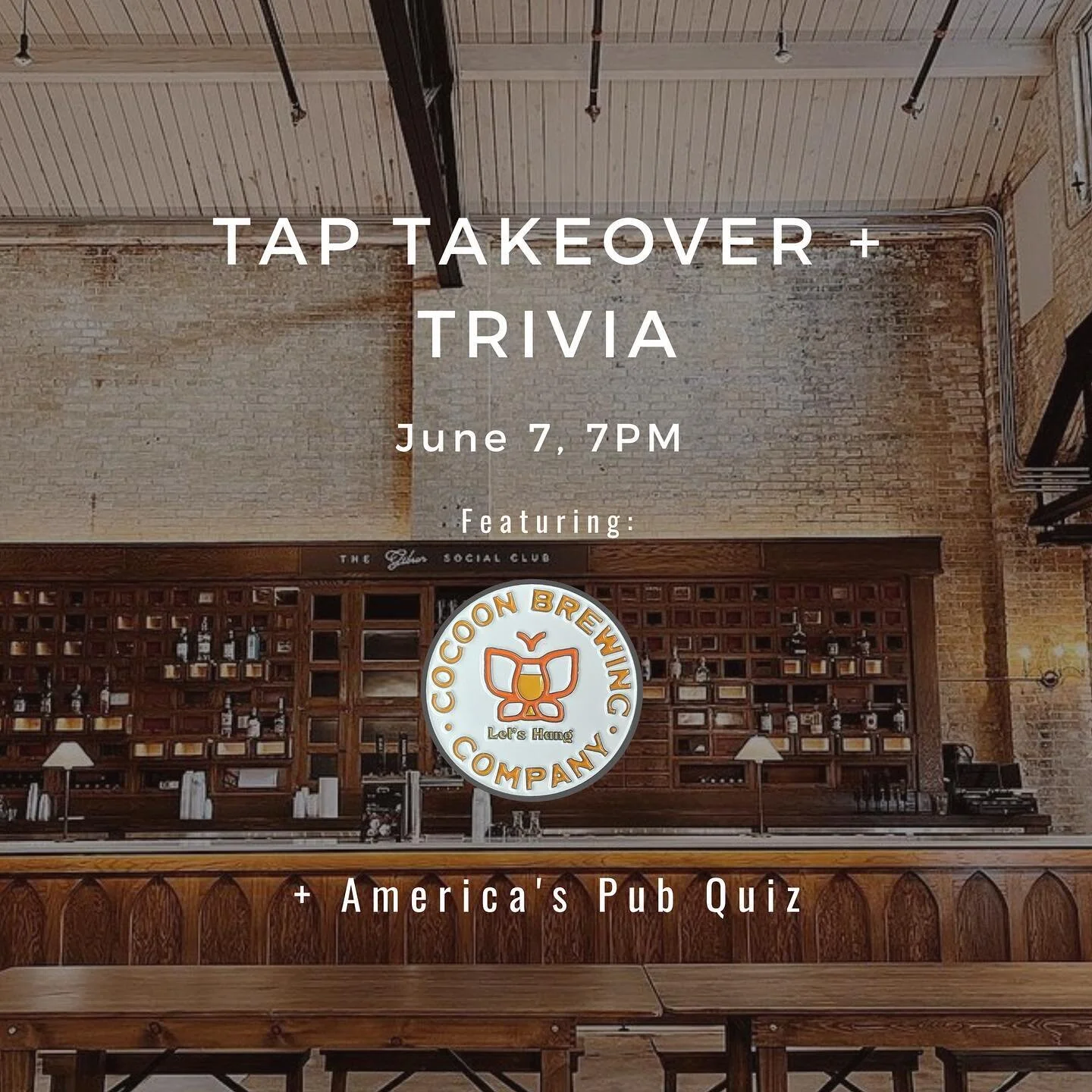 Tap Takeover + Trivia returns!

Mark your calendars to help us welcome @cocoonbrewing along with @americaspubquiz for a night of fun and tasty local brews 🍻

Wed. June 7th

Doors and taps open at 6pm.
Trivia from 7-9pm

Free and open to the public!

